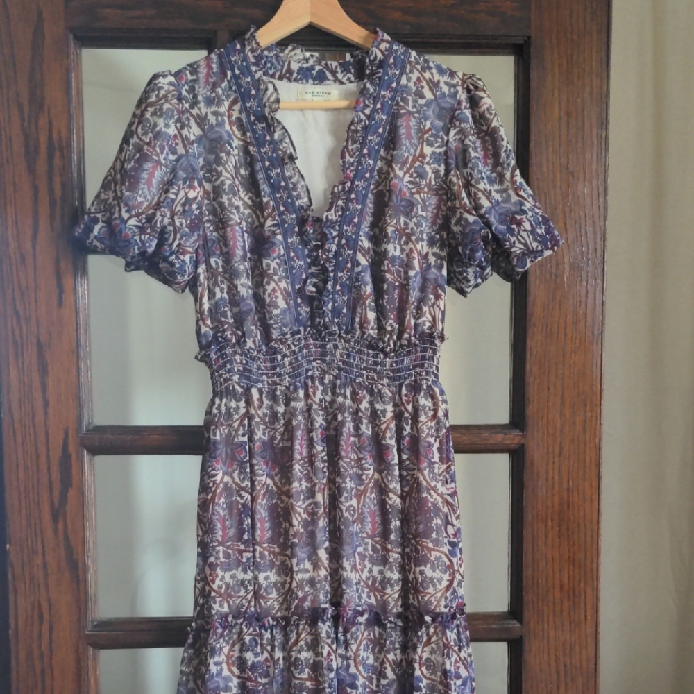 Max Studio Purple Multi Floral Midi Dress with Smocked Waist